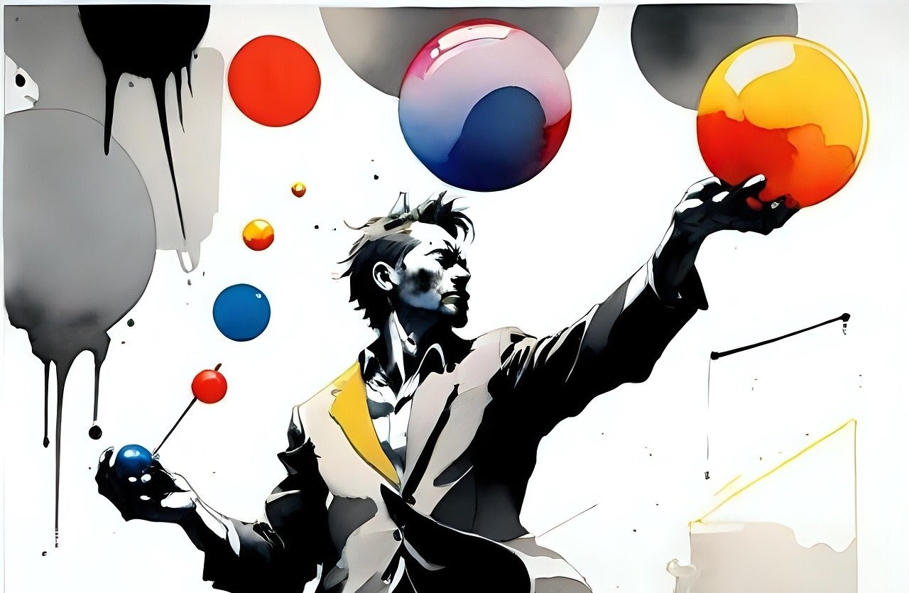 immagine di un uomo che cerca di bucare con un ago mille palloncini di vernice che gli cadono addosso